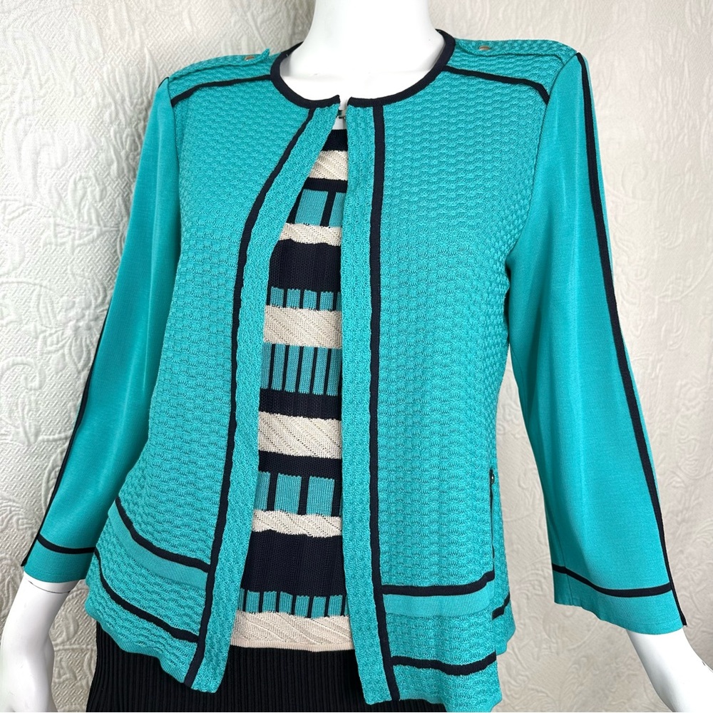 Ming Wang 2-Piece Teal, Navy, Off-White Striped Textured Twin Set